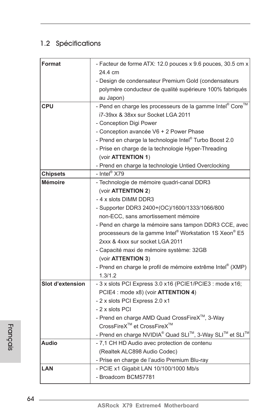 2 spécifications, Français | ASRock X79 Extreme4 User Manual | Page 64 / 218