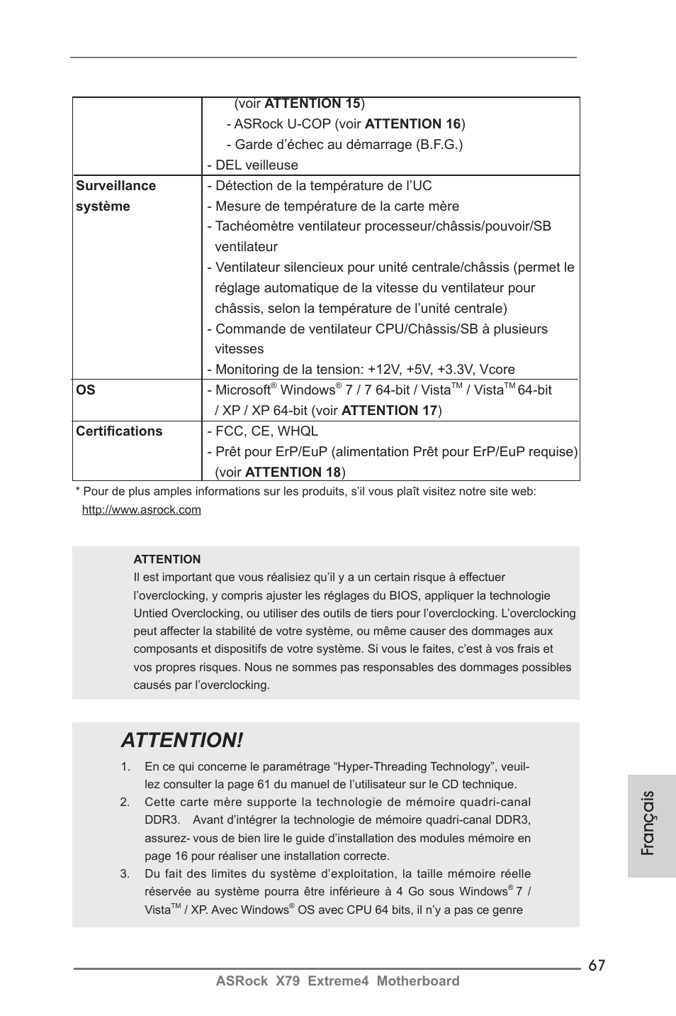 Attention, Français | ASRock X79 Extreme4 User Manual | Page 67 / 218