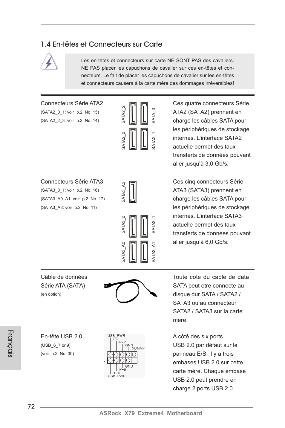 Français, 4 en-têtes et connecteurs sur carte | ASRock X79 Extreme4 User Manual | Page 72 / 218
