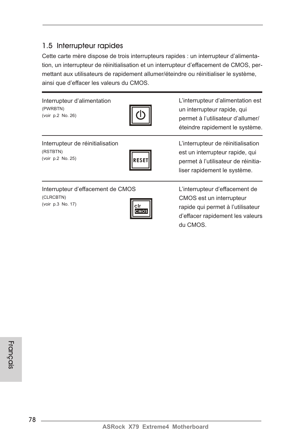 Français 1.5 interrupteur rapides | ASRock X79 Extreme4 User Manual | Page 78 / 218