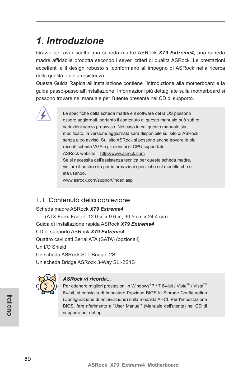 Italian, Introduzione, 1 contenuto della confezione | Italiano | ASRock X79 Extreme4 User Manual | Page 80 / 218