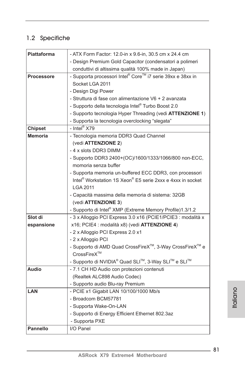 Italiano 1.2 specifiche | ASRock X79 Extreme4 User Manual | Page 81 / 218