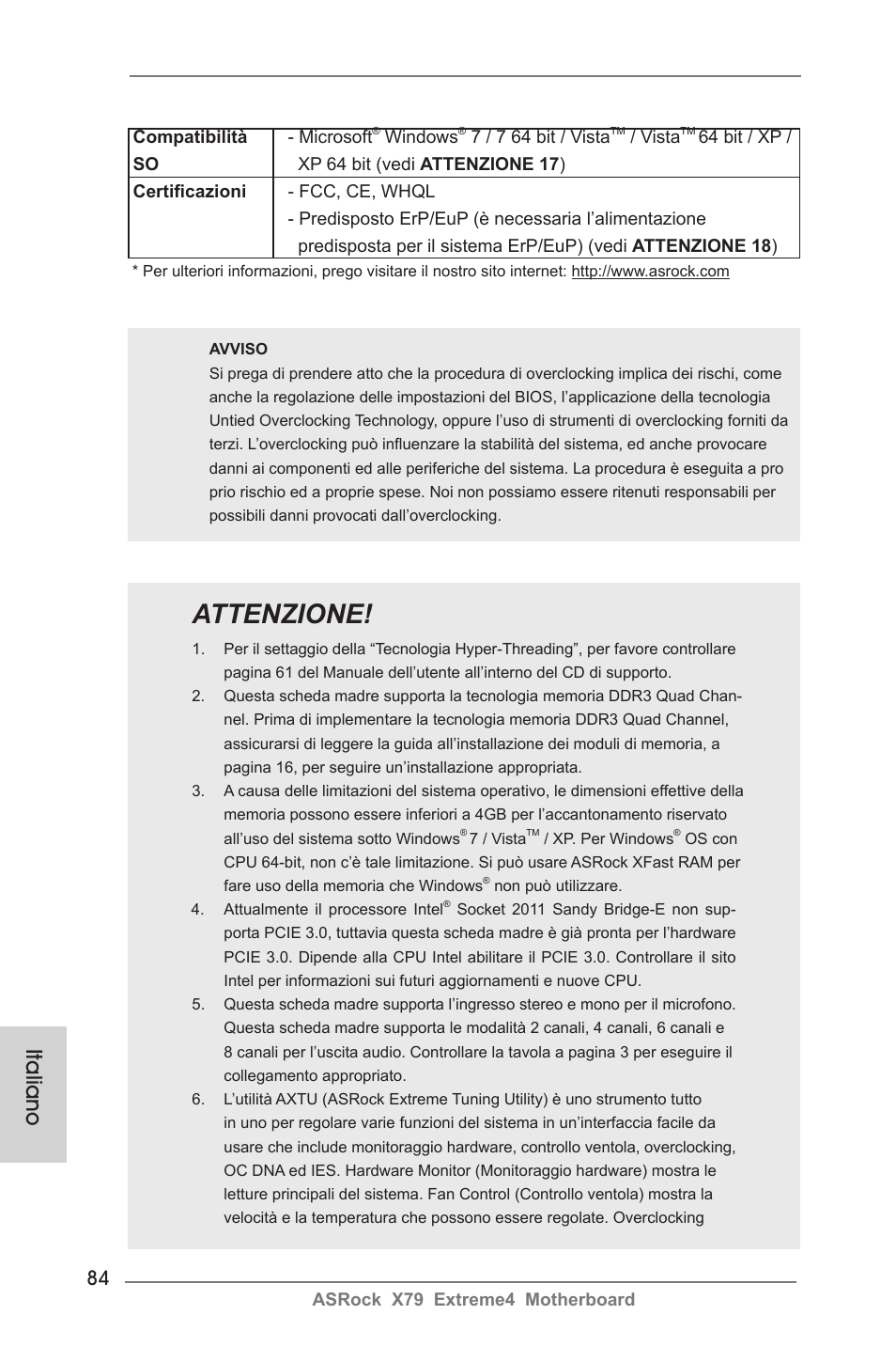 Attenzione, Italiano | ASRock X79 Extreme4 User Manual | Page 84 / 218
