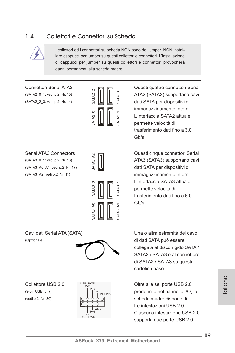 Italiano 1.4 collettori e connettori su scheda | ASRock X79 Extreme4 User Manual | Page 89 / 218