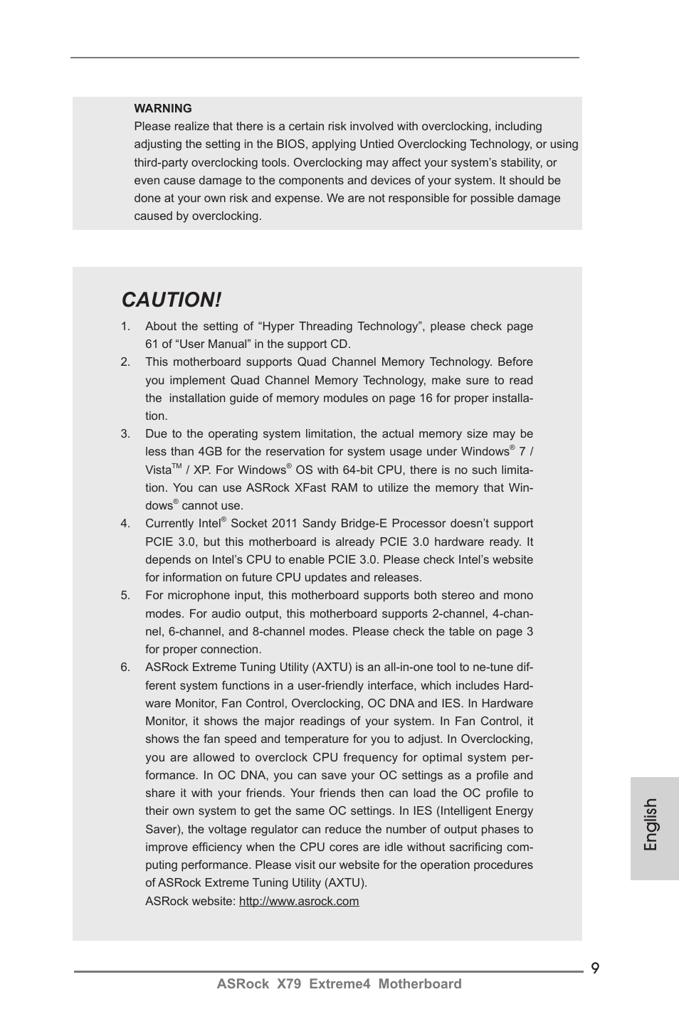 Caution, English | ASRock X79 Extreme4 User Manual | Page 9 / 218