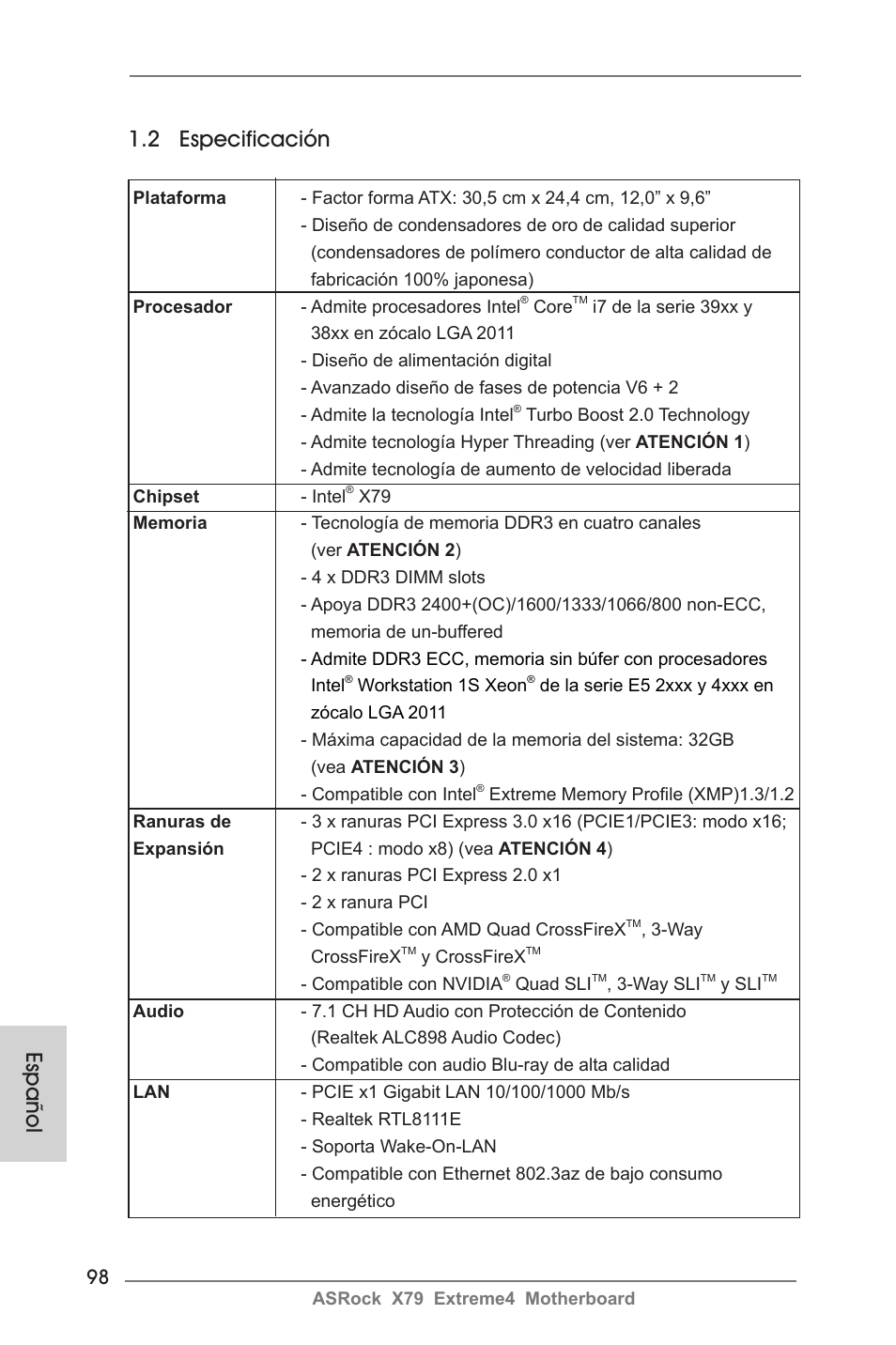 Español 1.2 especificación | ASRock X79 Extreme4 User Manual | Page 98 / 218