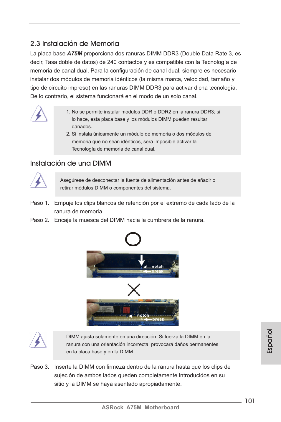 Instalación de una dimm | ASRock A75M User Manual | Page 101 / 234