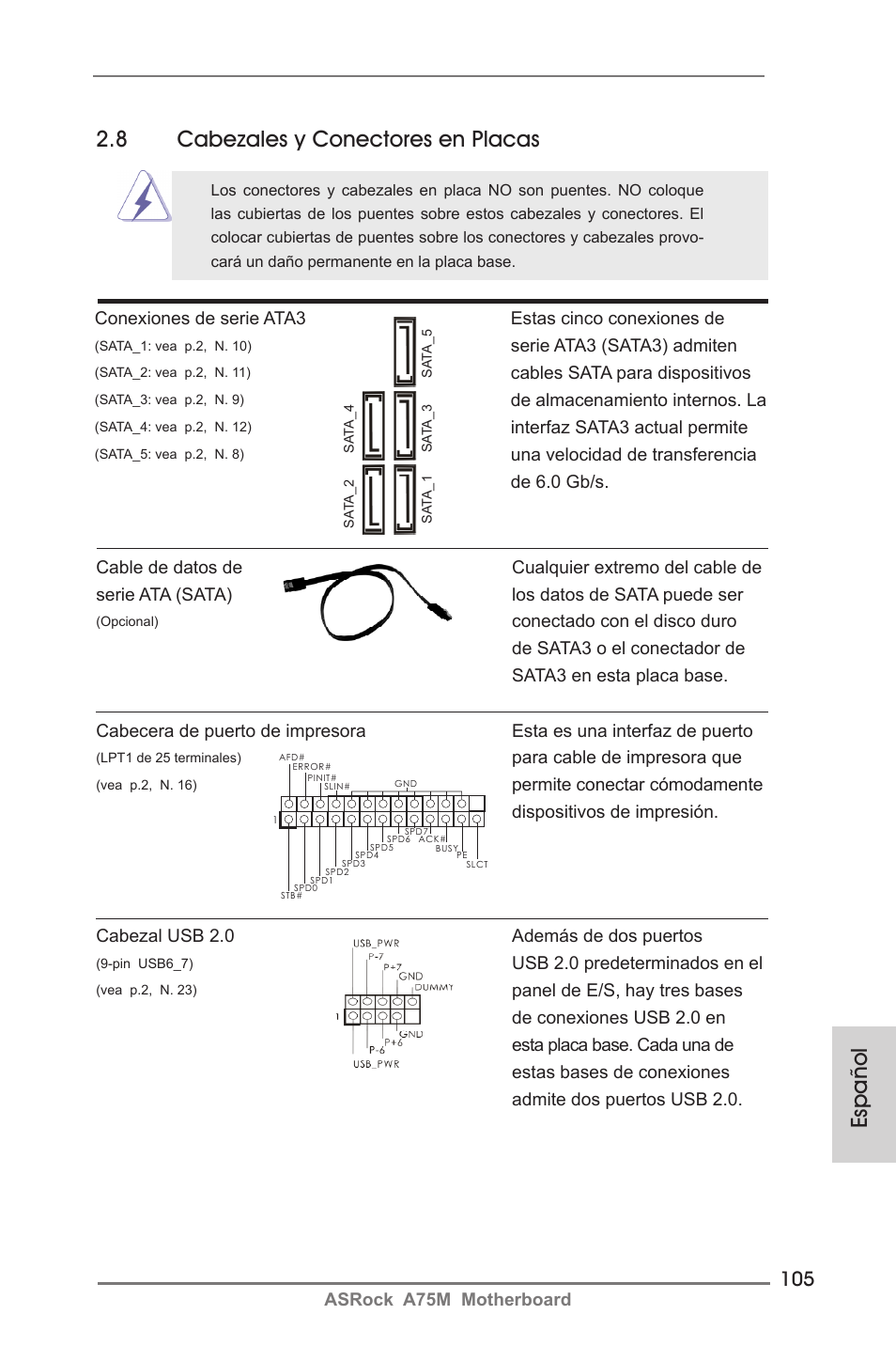 Español 2.8 cabezales y conectores en placas | ASRock A75M User Manual | Page 105 / 234