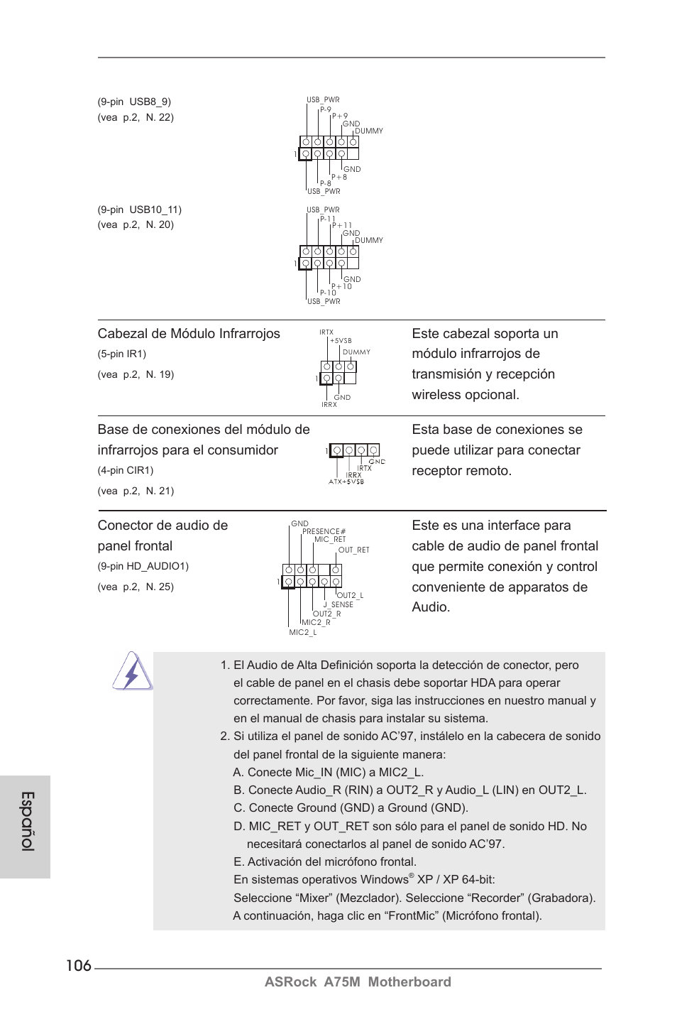 Español, Módulo infrarrojos de, Que permite conexión y control | Conveniente de apparatos de audio, Receptor remoto | ASRock A75M User Manual | Page 106 / 234