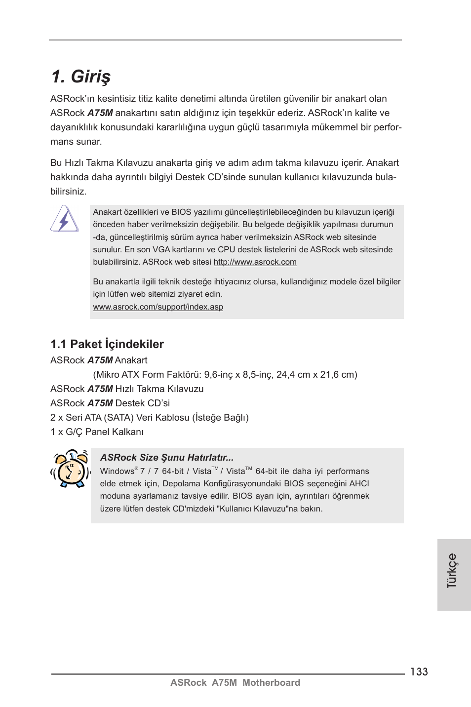 Turkish, Giriş, 1 paket içindekiler | Türkçe | ASRock A75M User Manual | Page 133 / 234