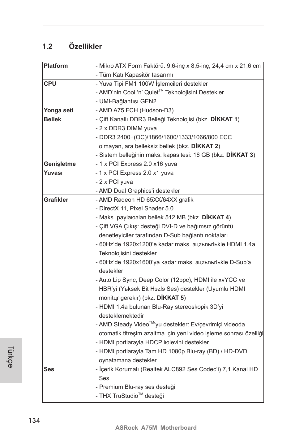 Türkçe 1.2 özellikler | ASRock A75M User Manual | Page 134 / 234