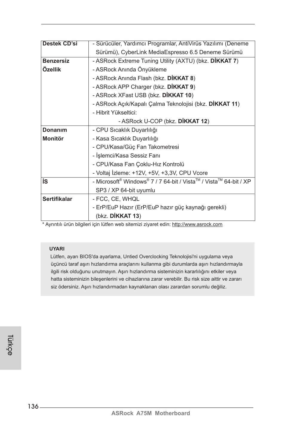 Türkçe | ASRock A75M User Manual | Page 136 / 234