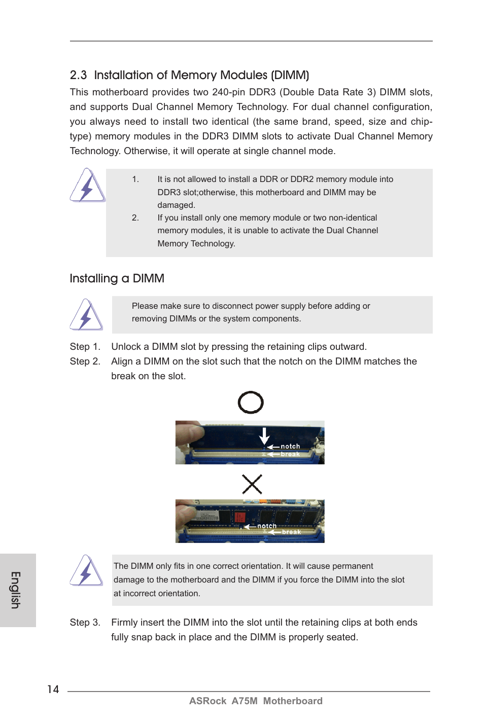 Installing a dimm | ASRock A75M User Manual | Page 14 / 234