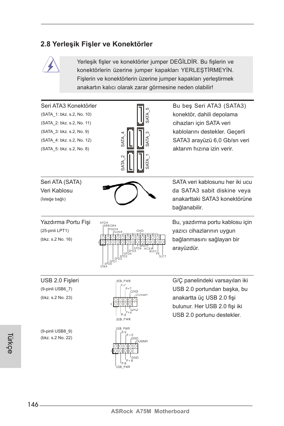 Türkçe, 8 yerleşik fişler ve konektörler | ASRock A75M User Manual | Page 146 / 234