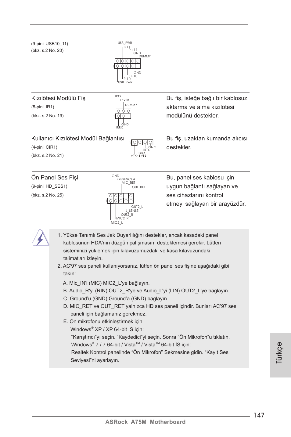 Türkçe, Aktarma ve alma kızılötesi, Uygun bağlantı sağlayan ve | Destekler | ASRock A75M User Manual | Page 147 / 234