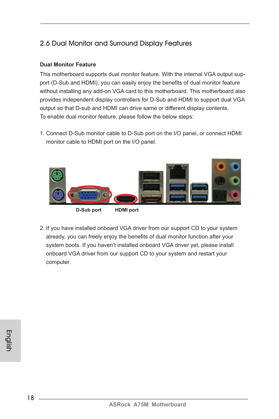 English, 6 dual monitor and surround display features | ASRock A75M User Manual | Page 18 / 234