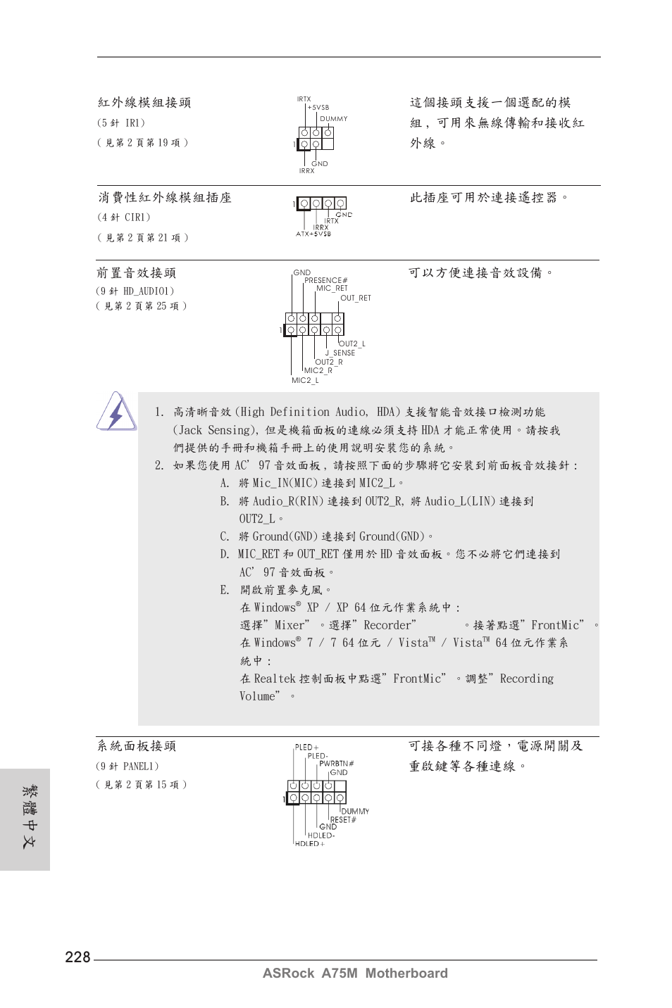 繁體中文, Asrock a75m motherboard 紅外線模組接頭 這個接頭支援一個選配的模, 組 , 可用來無線傳輸和接收紅 | 外線。 消費性紅外線模組插座 此插座可用於連接遙控器, 系統面板接頭 可接各種不同燈，電源開關及, 重啟鍵等各種連線, 前置音效接頭 可以方便連接音效設備 | ASRock A75M User Manual | Page 228 / 234