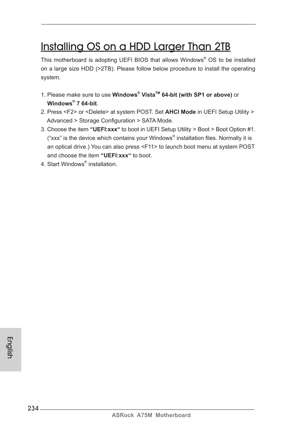 Installing os on a hdd larger than 2tb, English | ASRock A75M User Manual | Page 234 / 234