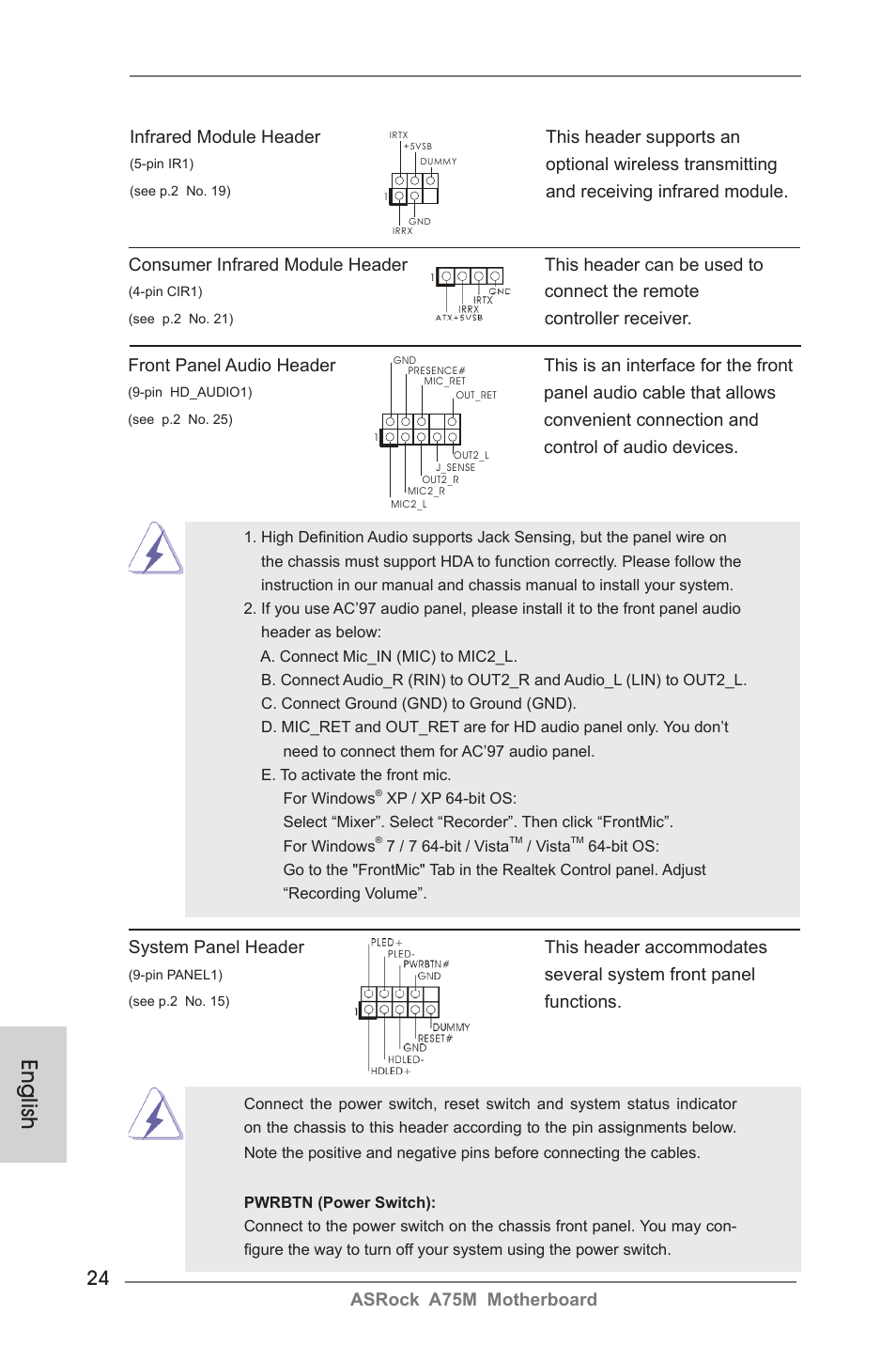 English, Asrock a75m motherboard, Infrared module header this header supports an | Optional wireless transmitting, Panel audio cable that allows, Connect the remote, Controller receiver, System panel header this header accommodates, Several system front panel, Functions | ASRock A75M User Manual | Page 24 / 234