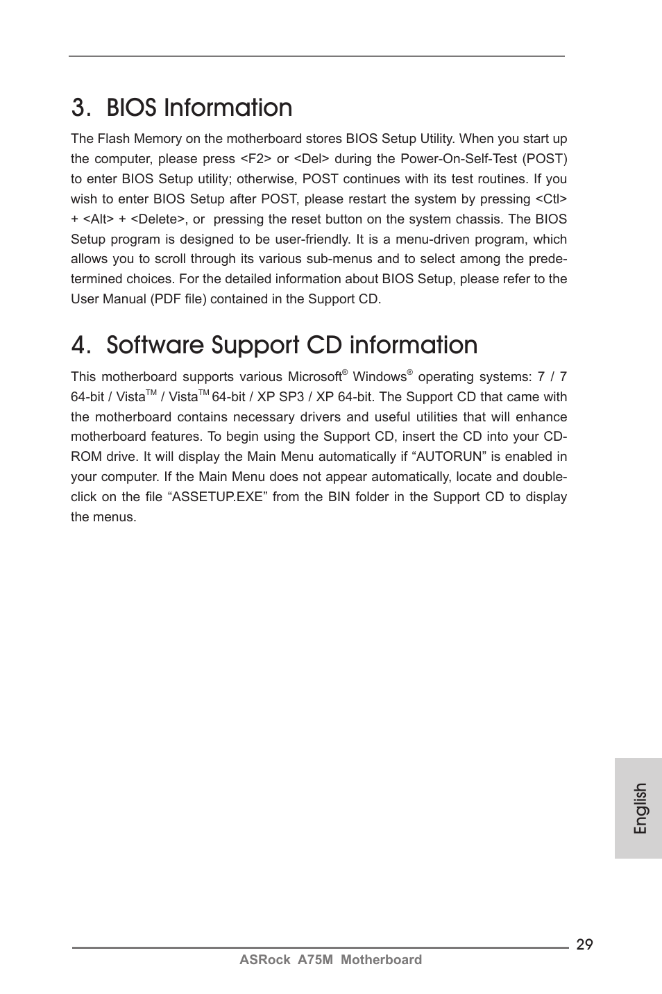 Bios information, Software support cd information, English | ASRock A75M User Manual | Page 29 / 234