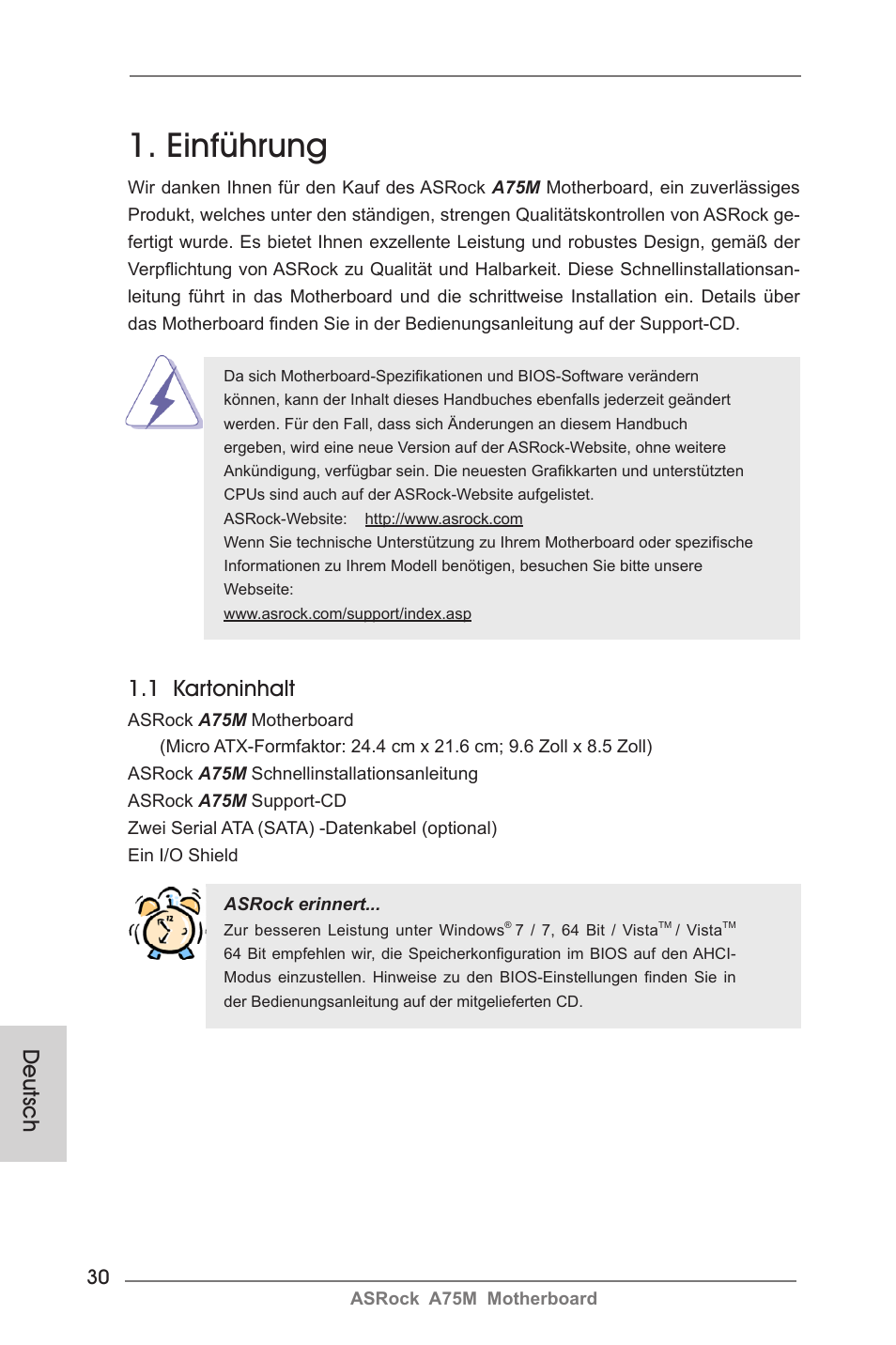 German, Einführung, 1 kartoninhalt | Deutsch | ASRock A75M User Manual | Page 30 / 234