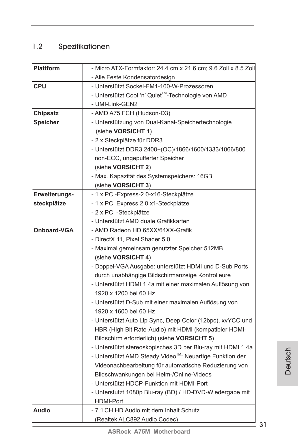 2 spezifikationen, Deutsch | ASRock A75M User Manual | Page 31 / 234