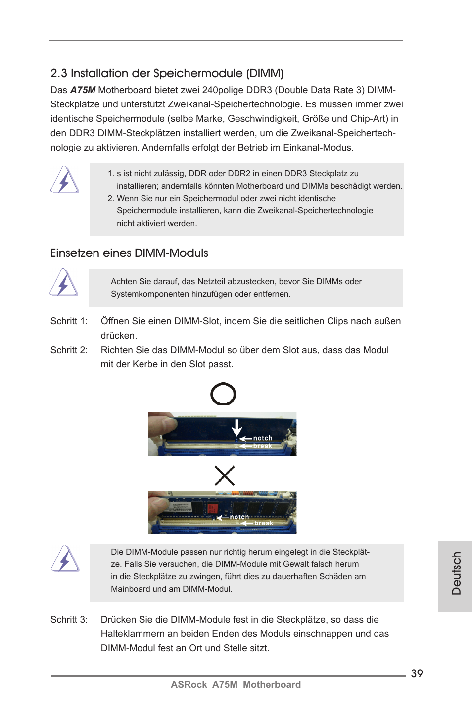 Deutsch 2.3 installation der speichermodule (dimm), Einsetzen eines dimm-moduls | ASRock A75M User Manual | Page 39 / 234