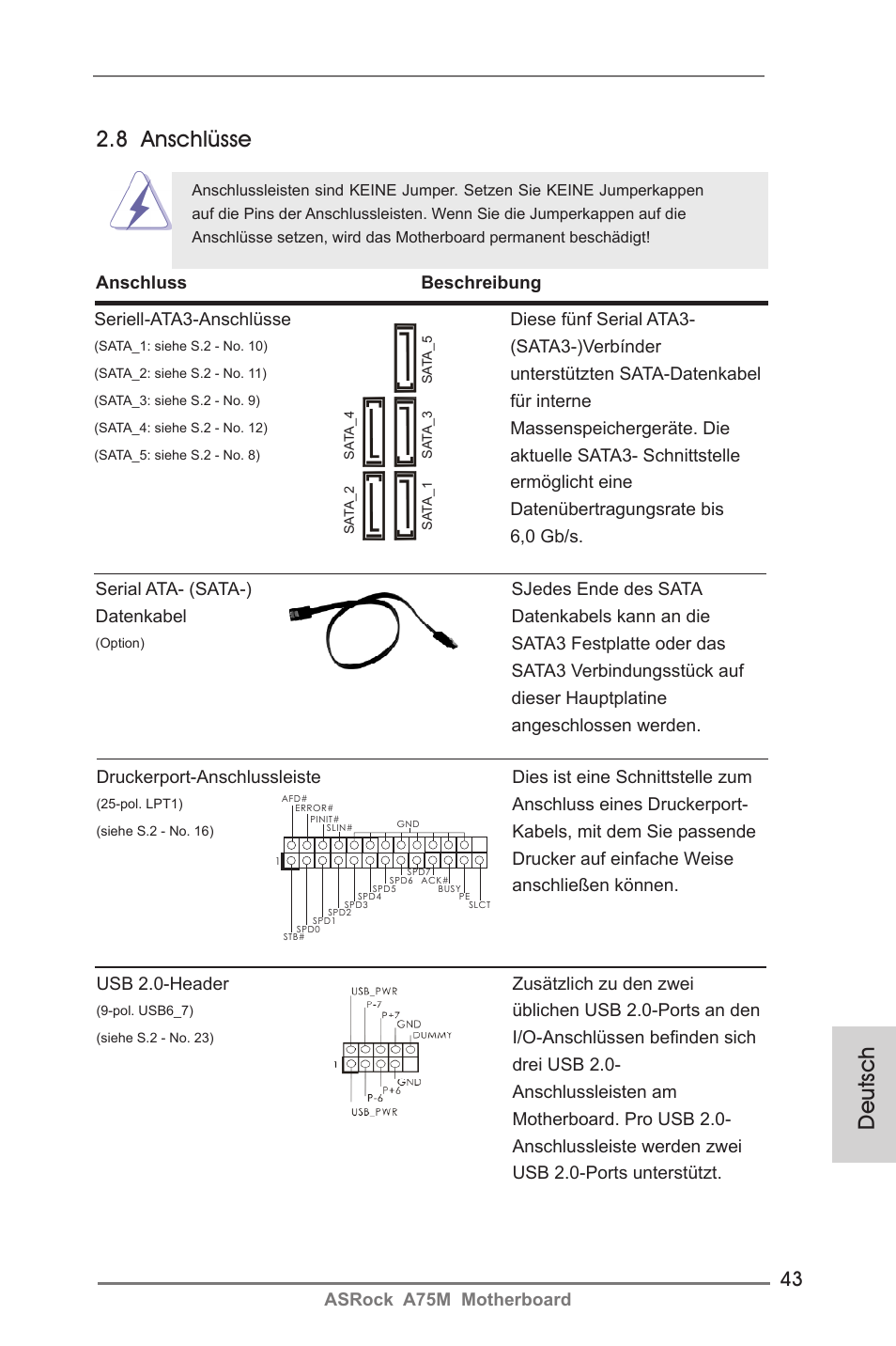 Deutsch, 8 anschlüsse | ASRock A75M User Manual | Page 43 / 234