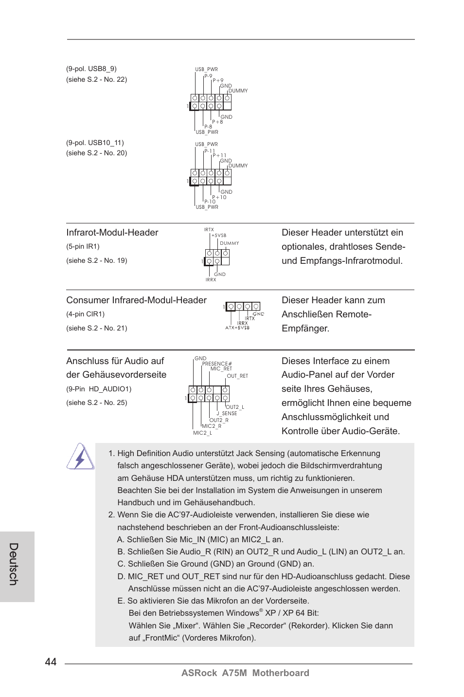 Deutsch, Optionales, drahtloses sende, Seite ihres gehäuses | Anschließen remote, Empfänger | ASRock A75M User Manual | Page 44 / 234