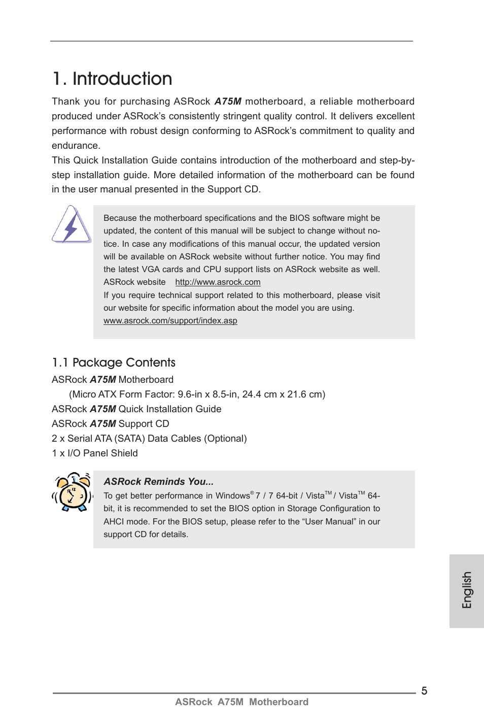 Introduction, English, 1 package contents | ASRock A75M User Manual | Page 5 / 234