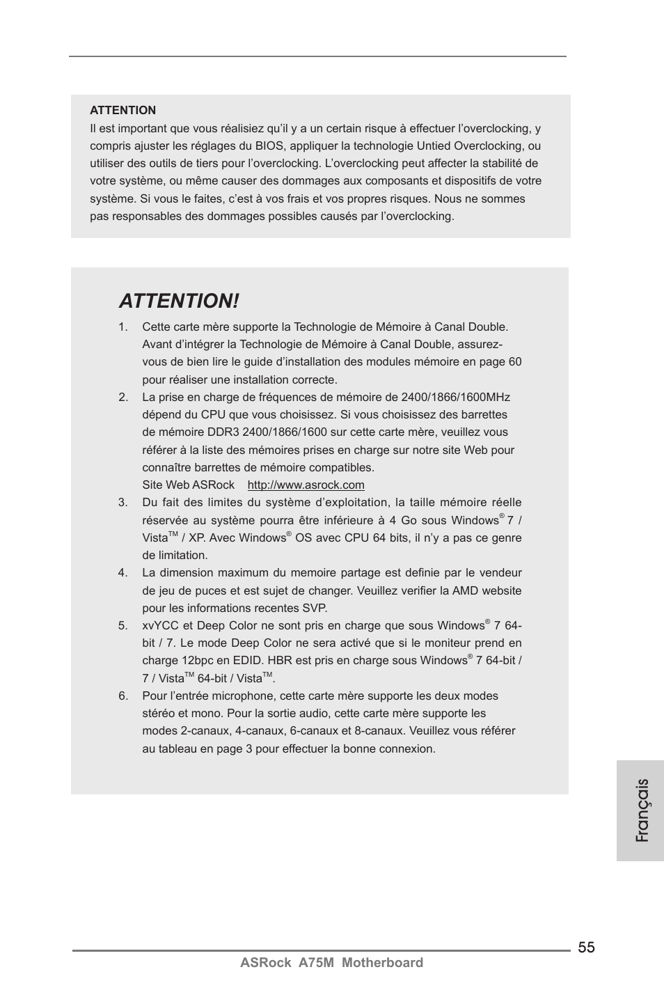 Attention, Français | ASRock A75M User Manual | Page 55 / 234