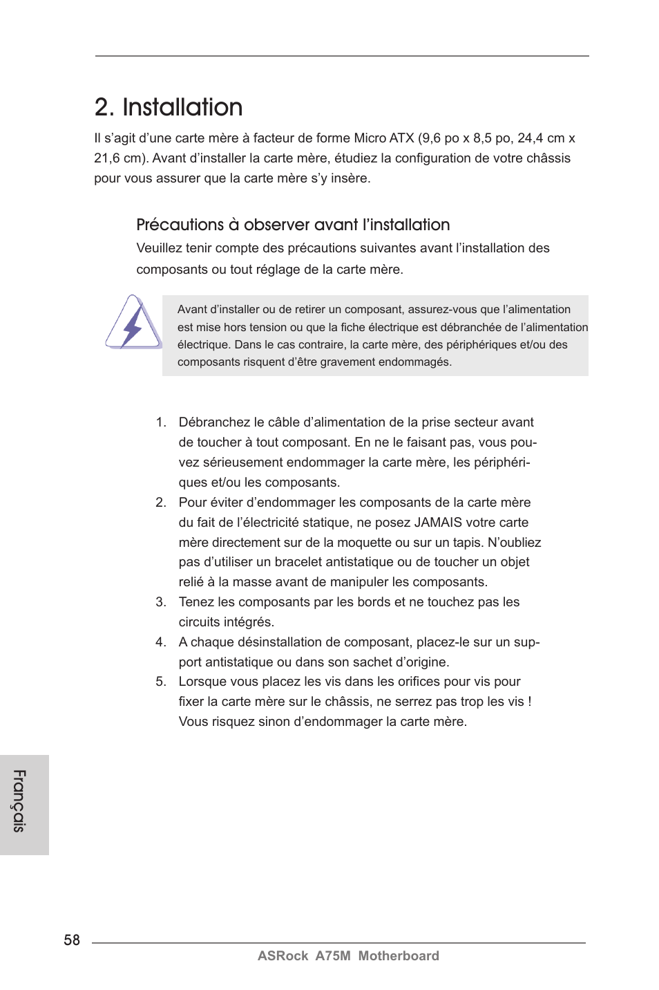 Installation, Français, Précautions à observer avant l’installation | ASRock A75M User Manual | Page 58 / 234