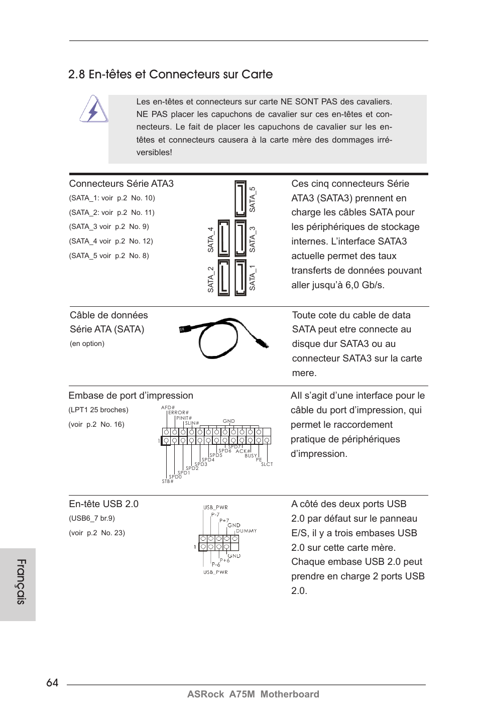 Français, 8 en-têtes et connecteurs sur carte | ASRock A75M User Manual | Page 64 / 234