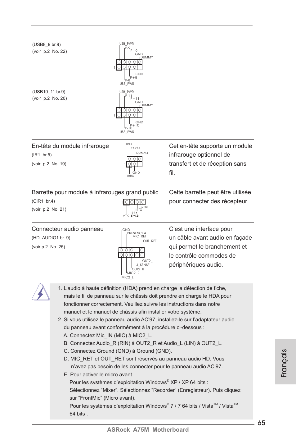 Français, Asrock a75m motherboard, Infrarouge optionnel de | Un câble avant audio en façade, Pour connecter des récepteur | ASRock A75M User Manual | Page 65 / 234