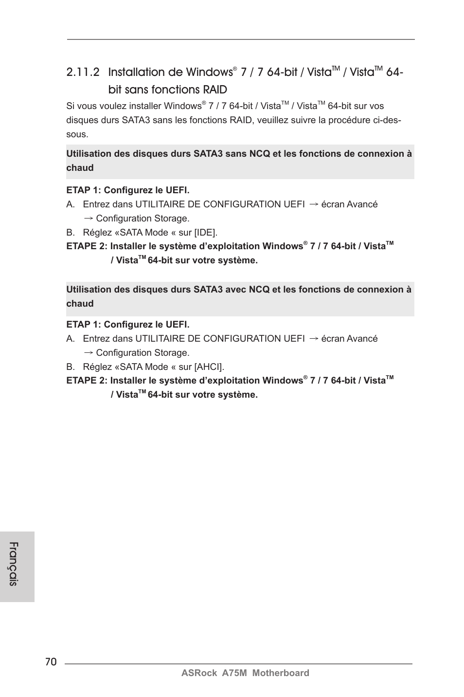 2 installation de windows, 7 / 7 64-bit / vista, Vista | Bit sans fonctions raid, Français | ASRock A75M User Manual | Page 70 / 234