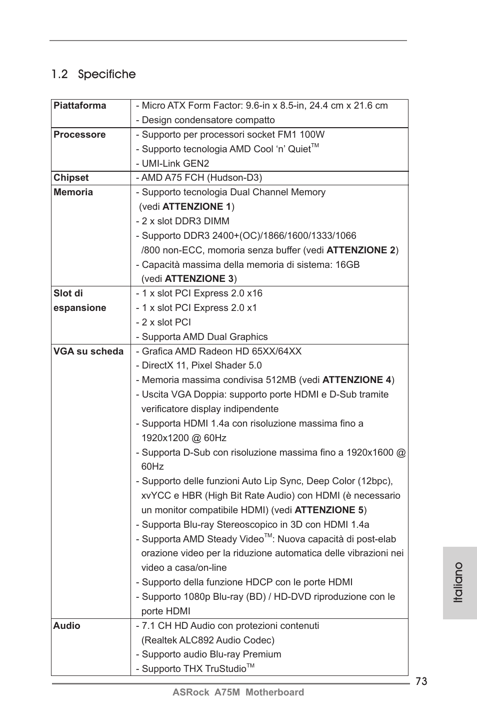 Italiano 1.2 specifiche | ASRock A75M User Manual | Page 73 / 234
