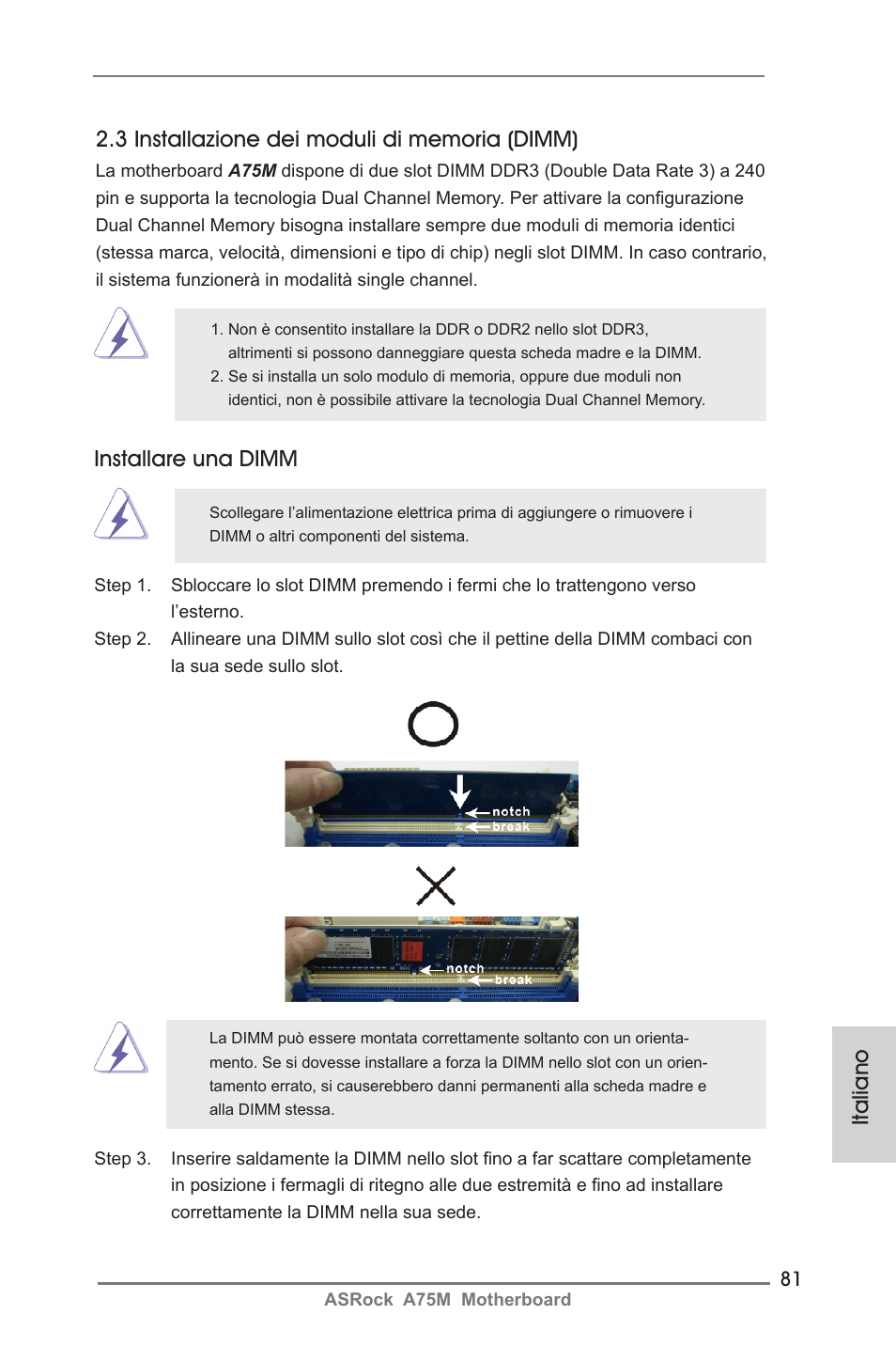 Installare una dimm | ASRock A75M User Manual | Page 81 / 234