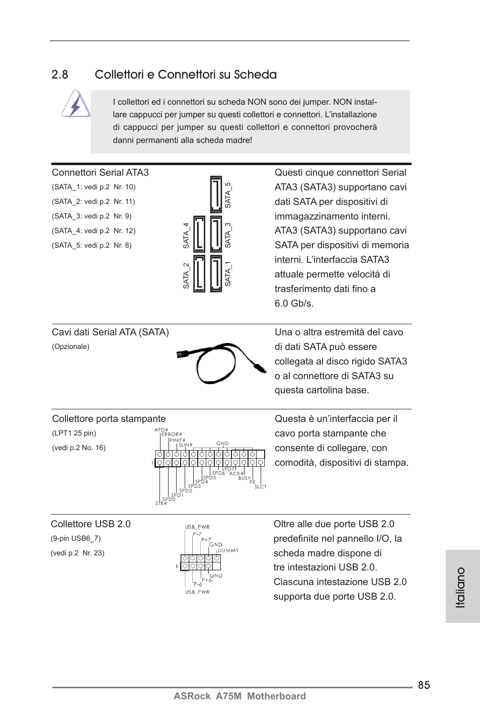 Italiano 2.8 collettori e connettori su scheda | ASRock A75M User Manual | Page 85 / 234