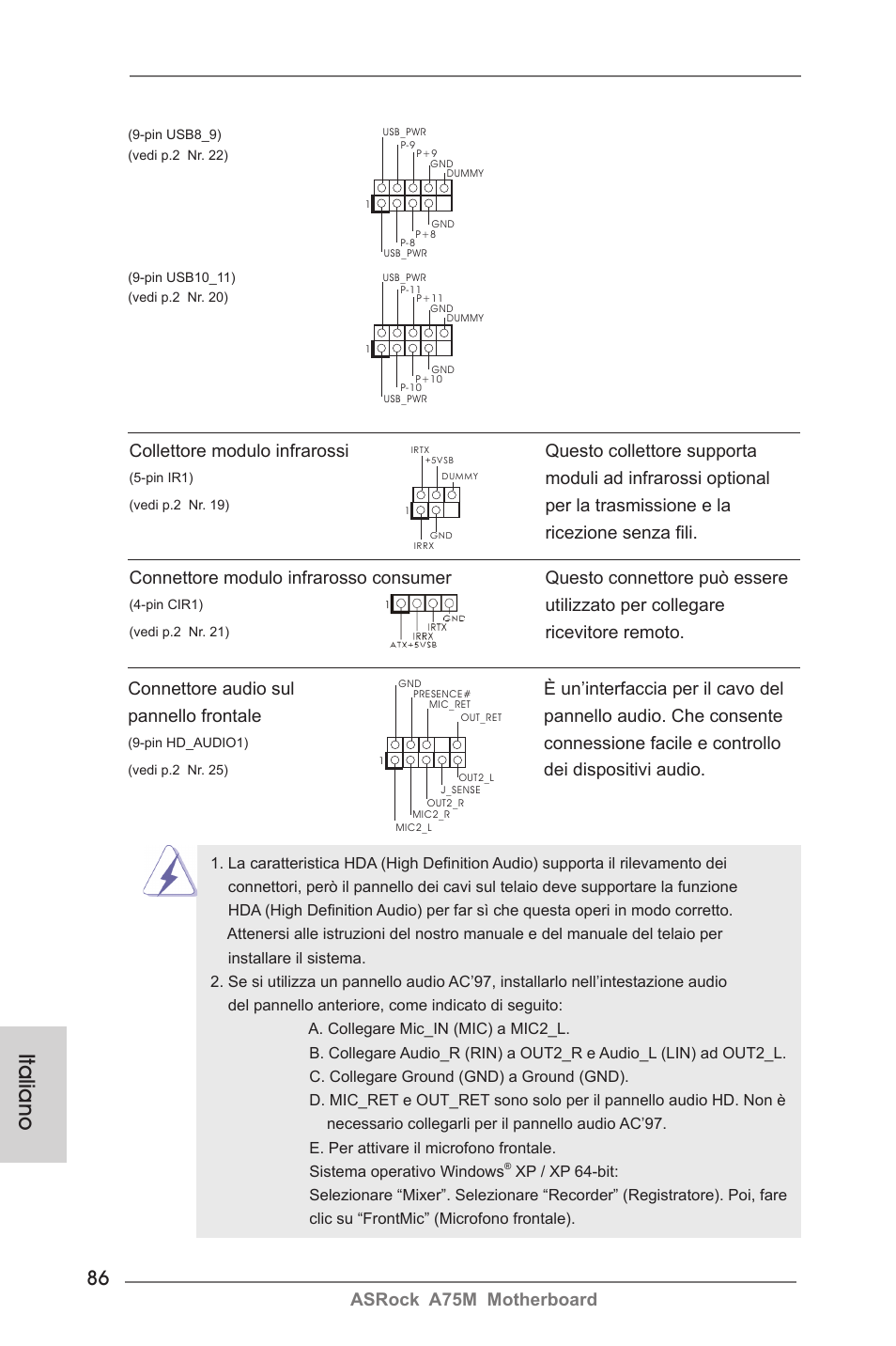 Italiano, Asrock a75m motherboard, Connessione facile e controllo | Dei dispositivi audio, Utilizzato per collegare, Moduli ad infrarossi optional, Per la trasmissione e la ricezione senza fili | ASRock A75M User Manual | Page 86 / 234