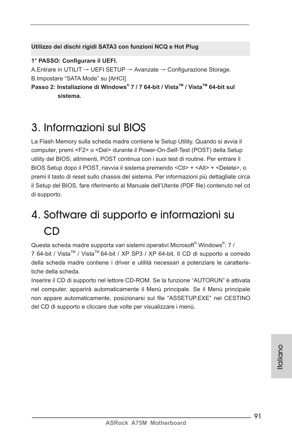 Informazioni sul bios, Software di supporto e informazioni su cd, Italiano | ASRock A75M User Manual | Page 91 / 234