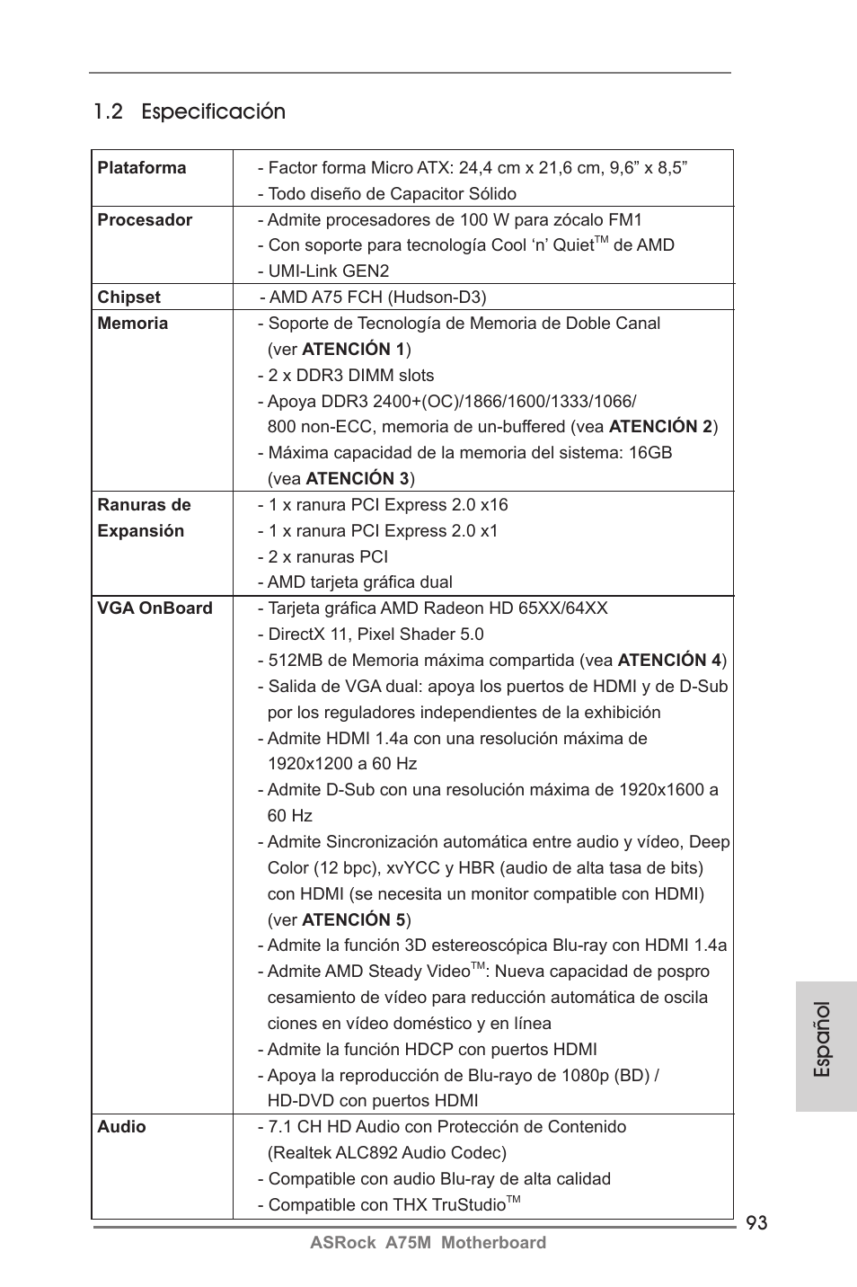 Español 1.2 especificación | ASRock A75M User Manual | Page 93 / 234