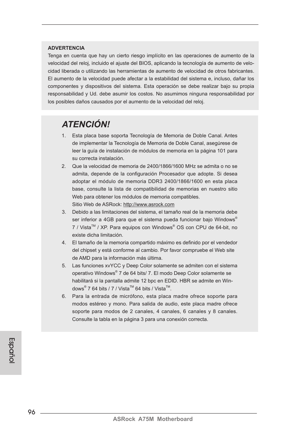 Atención, Español, Asrock a75m motherboard | ASRock A75M User Manual | Page 96 / 234