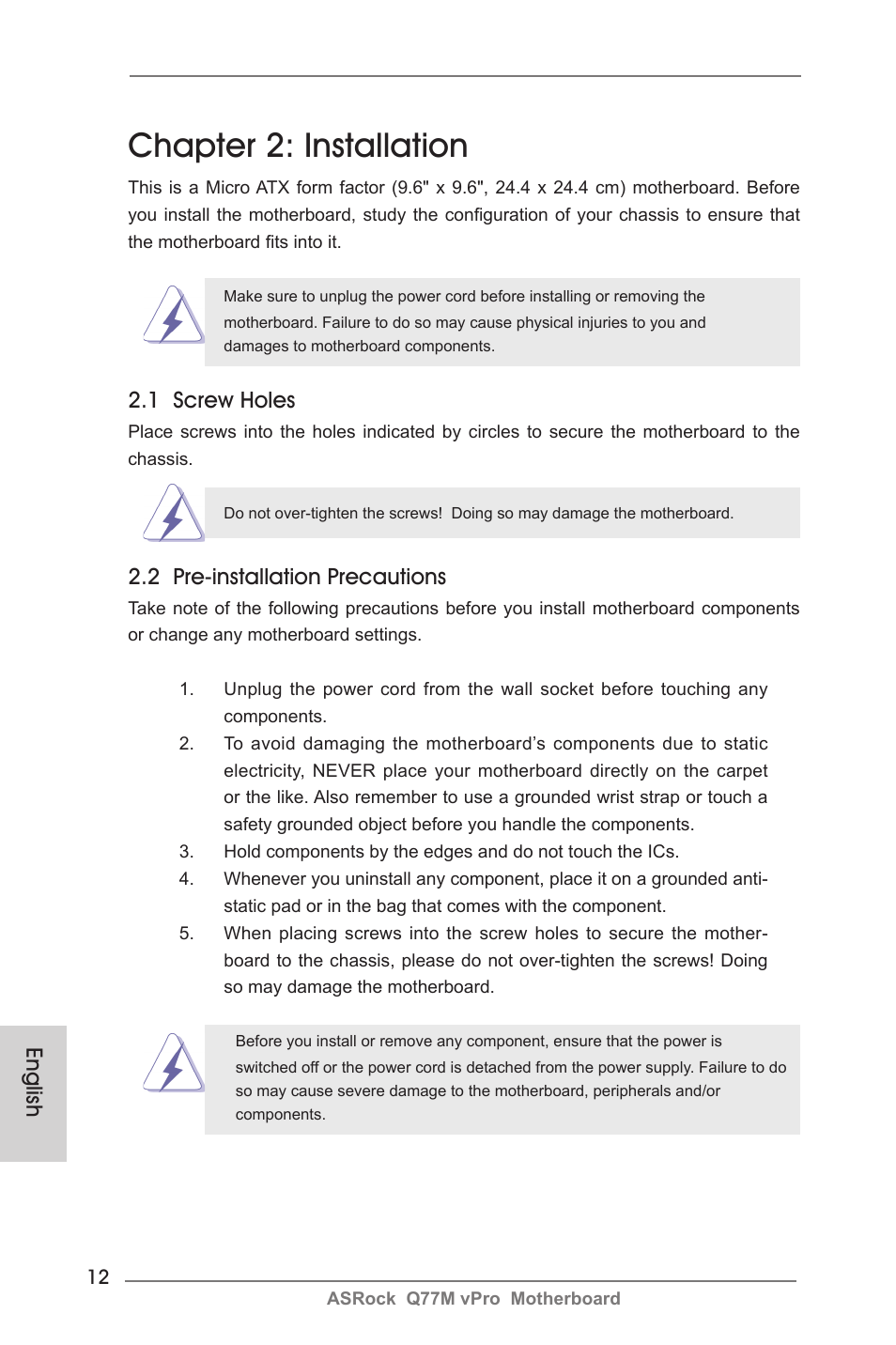 Chapter 2: installation, English, 1 screw holes | 2 pre-installation precautions | ASRock Q77M vPro User Manual | Page 12 / 226
