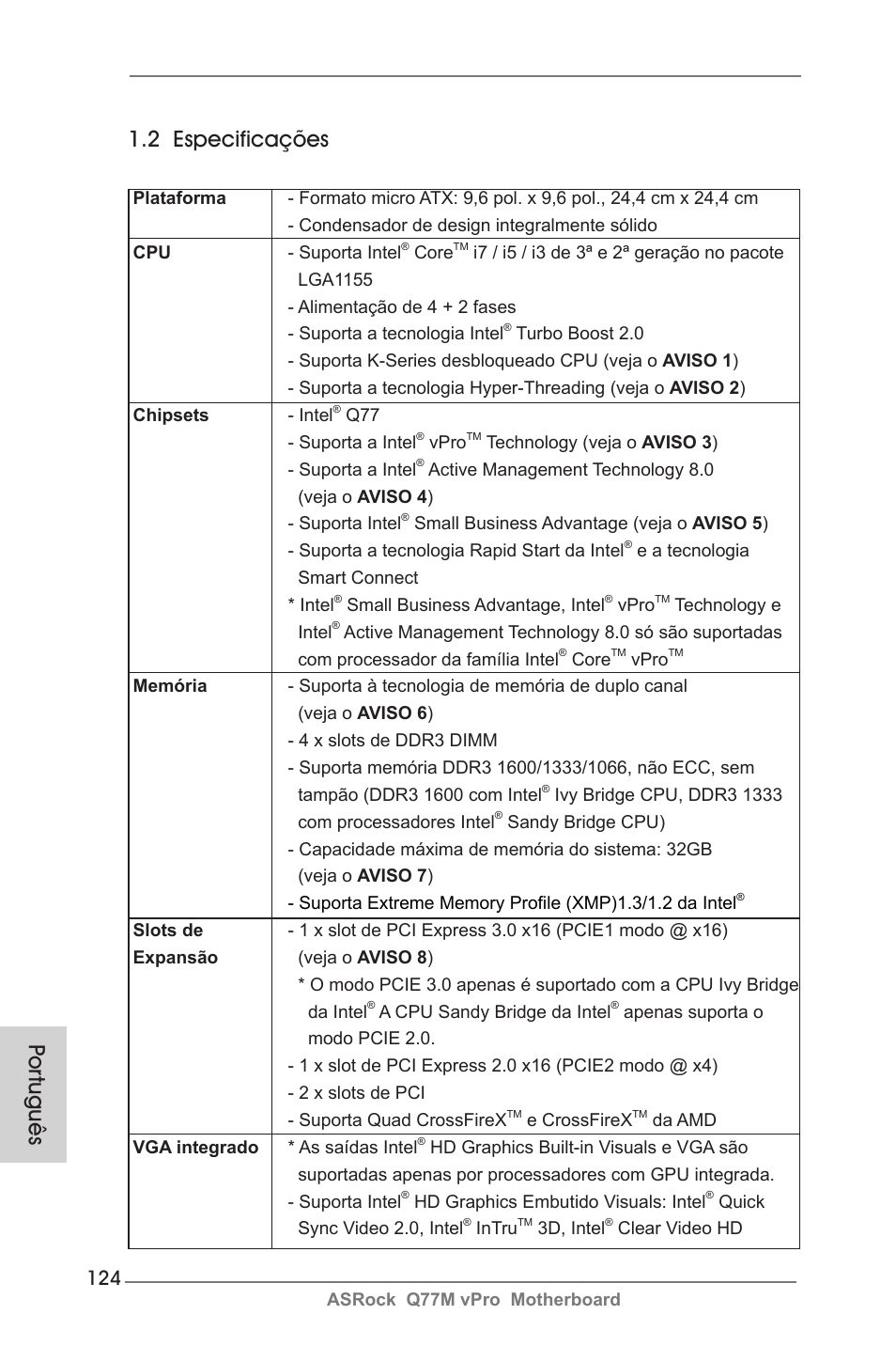 2 especificações, Por tuguês | ASRock Q77M vPro User Manual | Page 124 / 226