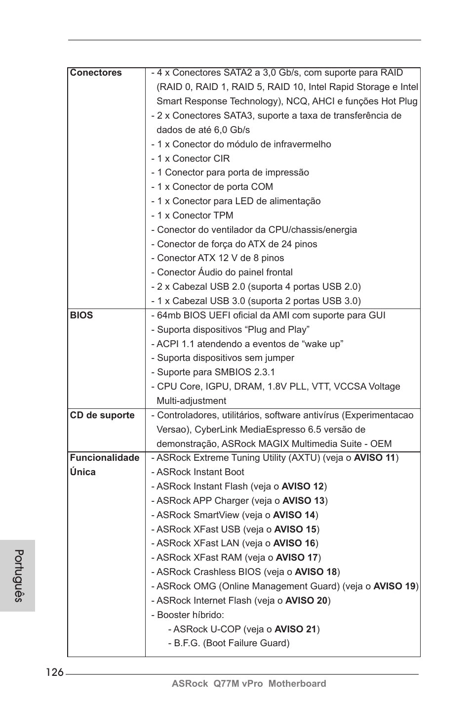 Por tuguês | ASRock Q77M vPro User Manual | Page 126 / 226