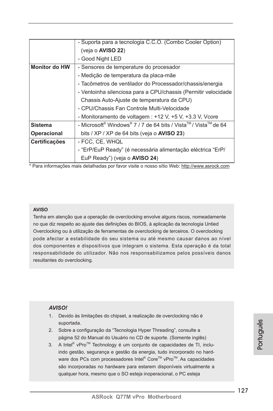 Por tuguês | ASRock Q77M vPro User Manual | Page 127 / 226