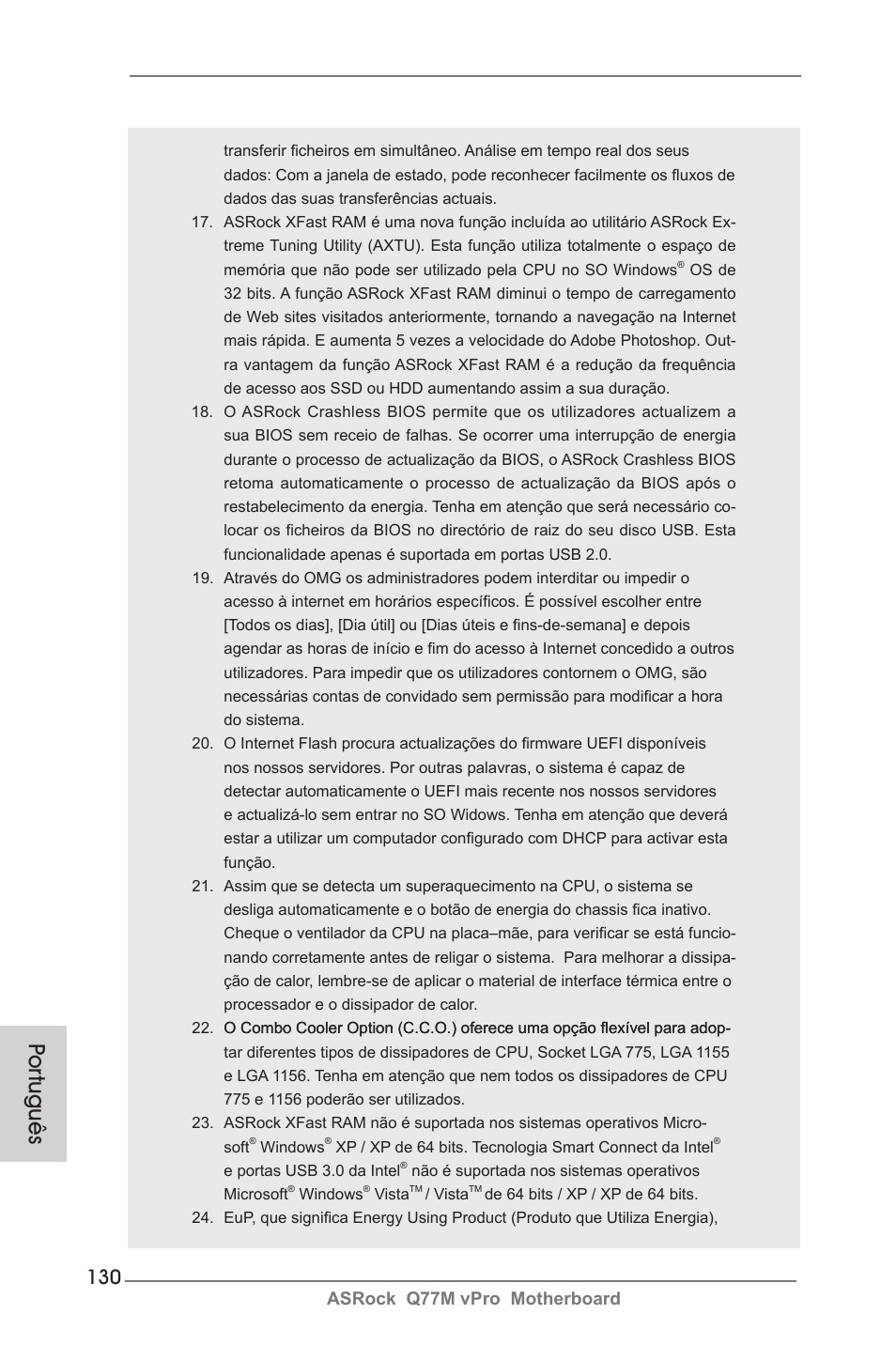 Por tuguês, Asrock q77m vpro motherboard | ASRock Q77M vPro User Manual | Page 130 / 226