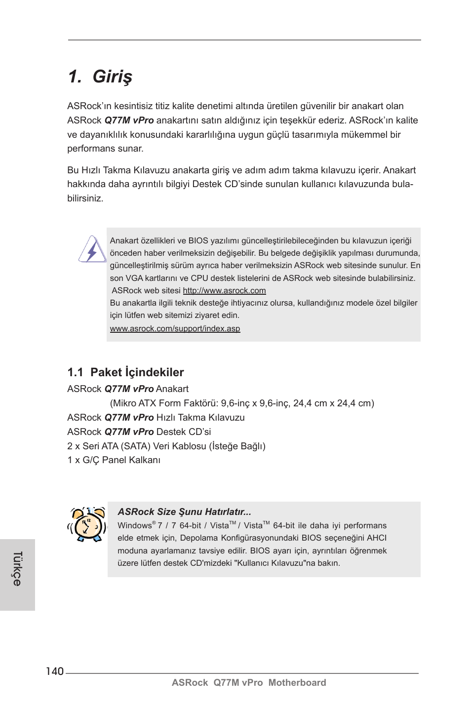 Turkish, Giriş, 1 paket içindekiler | Türkçe | ASRock Q77M vPro User Manual | Page 140 / 226