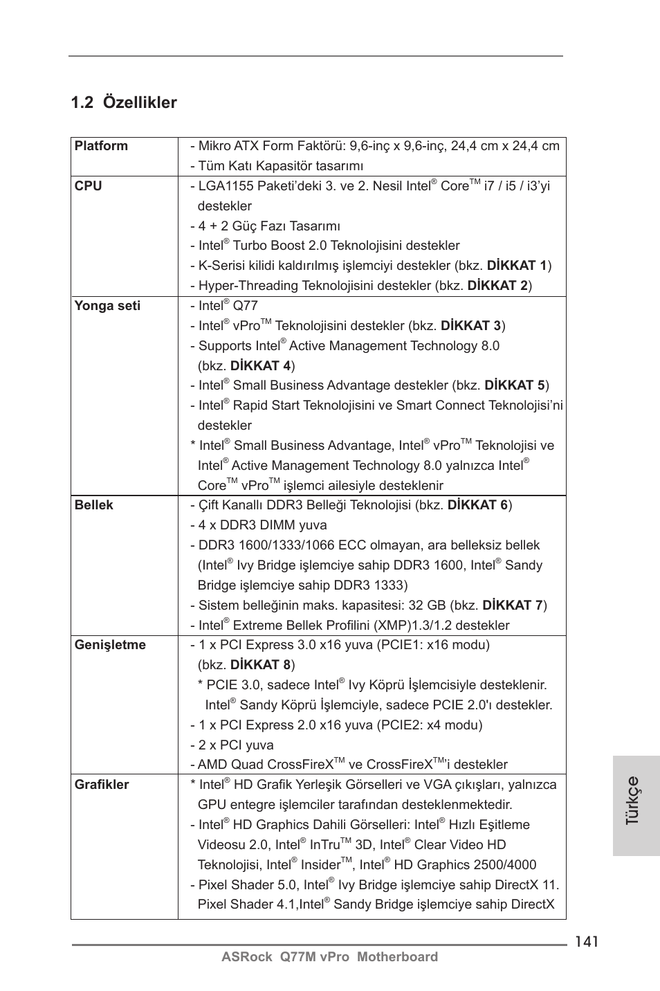 Türkçe, 2 özellikler | ASRock Q77M vPro User Manual | Page 141 / 226