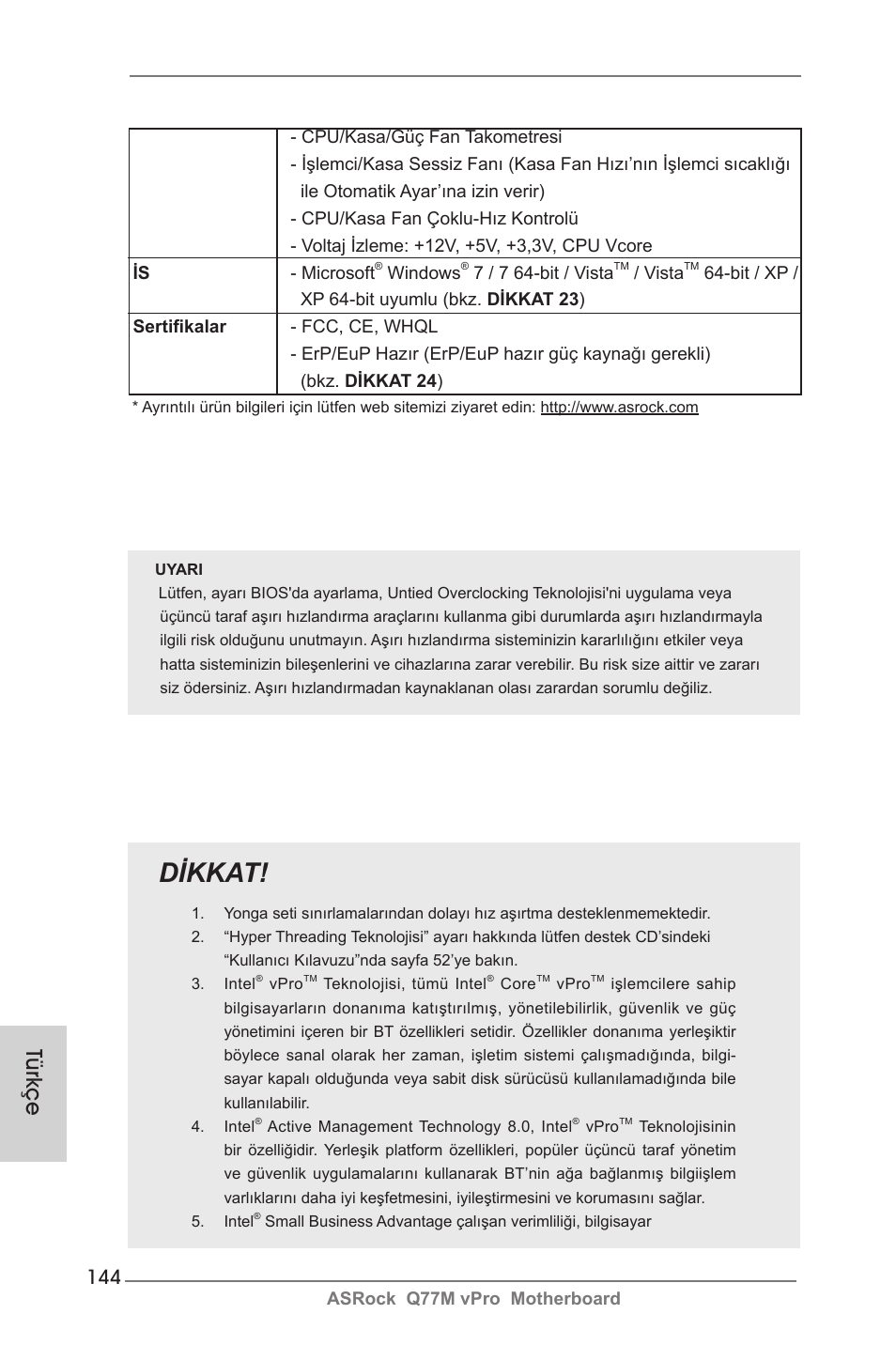 Dikkat, Türkçe | ASRock Q77M vPro User Manual | Page 144 / 226